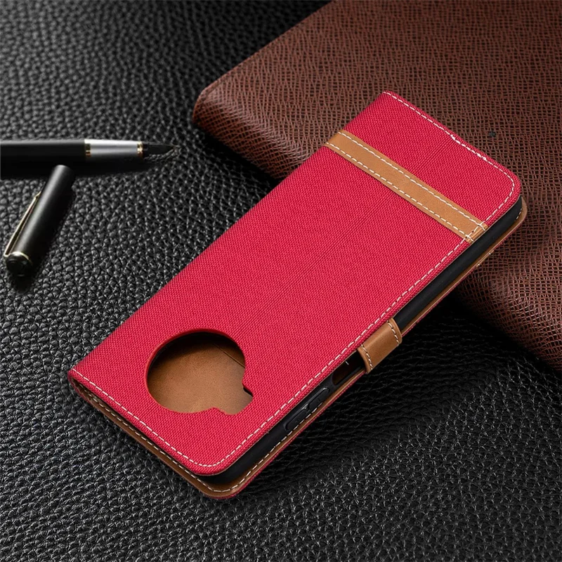 Color Splicing Jeans Cloth Texture Wallet Leather Shell for Xiaomi Mi 10T Lite 5G/Redmi Note 9 Pro 5G/Mi 10i 5G/Mi 10i 5G Phone Case - Red