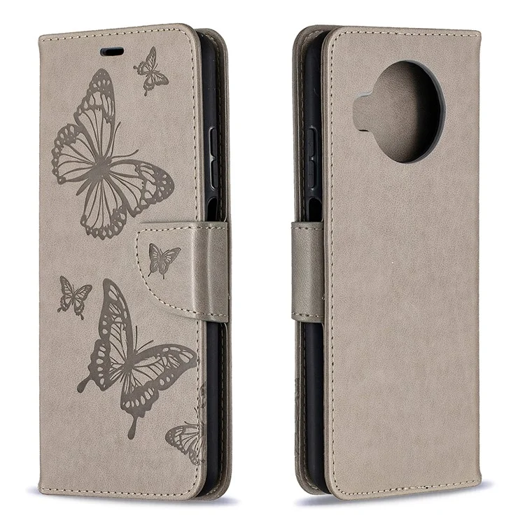Cartera con Estampado de Mariposas Funda Protectora de Cuero para Xiaomi Mi 10T Lite 5G/Mi 10i 5G/Redmi Note 9 Pro 5G - Gris 