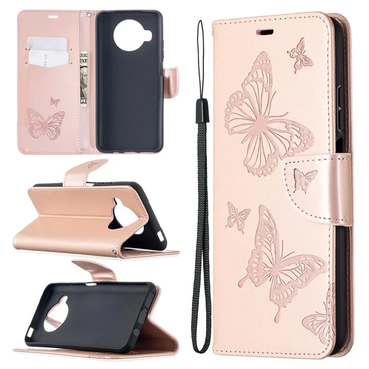 Portefeuille en cuir avec motif de papillons imprimés pour Xiaomi Mi 10T Lite 5G/Mi 10i 5G/Redmi Note 9 Pro 5G - Or rose