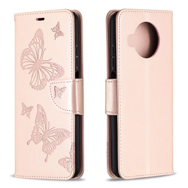 Portefeuille en cuir avec motif de papillons imprimés pour Xiaomi Mi 10T Lite 5G/Mi 10i 5G/Redmi Note 9 Pro 5G - Or rose