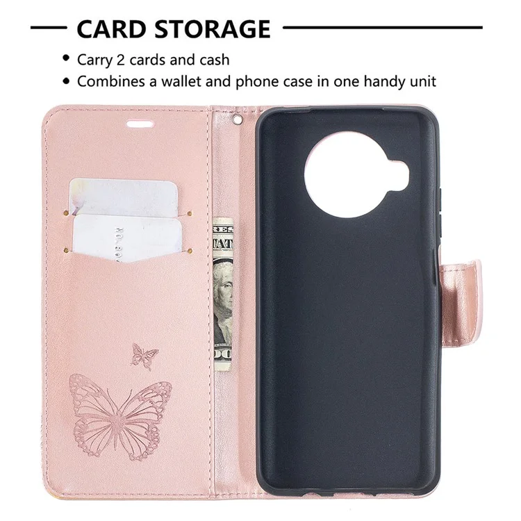 Portefeuille en cuir avec motif de papillons imprimés pour Xiaomi Mi 10T Lite 5G/Mi 10i 5G/Redmi Note 9 Pro 5G - Or rose