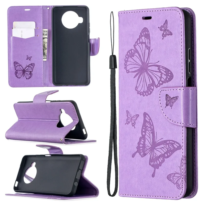 Étui en cuir avec motif papillons imprimé, fonction support, pour Xiaomi Mi 10T Lite 5G / Mi 10i 5G / Redmi Note 9 Pro 5G - Violet