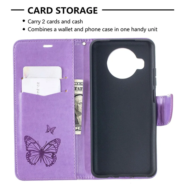 Étui en cuir avec motif papillons imprimé, fonction support, pour Xiaomi Mi 10T Lite 5G / Mi 10i 5G / Redmi Note 9 Pro 5G - Violet