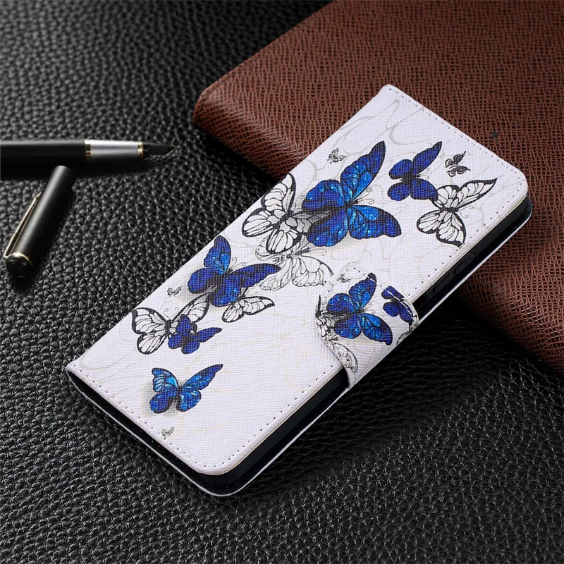 Pattern Printing Case for Xiaomi Mi 10T Lite 5G/Redmi Note 9 Pro 5G/Mi 10i 5G Wallet Stand Leather Shell - Blue and White Butterflies