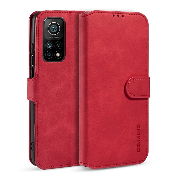 DG.MING Vintage Style Leather Wallet Stand Cover Shell with Handy Strap for Xiaomi Mi 10T 5G/10T Pro 5G/Redmi K30S - Red