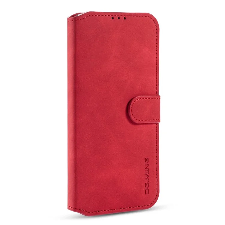 DG.MING Vintage Style Leather Wallet Stand Cover Shell with Handy Strap for Xiaomi Mi 10T 5G/10T Pro 5G/Redmi K30S - Red