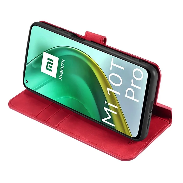 DG.MING Vintage Style Leather Wallet Stand Cover Shell with Handy Strap for Xiaomi Mi 10T 5G/10T Pro 5G/Redmi K30S - Red