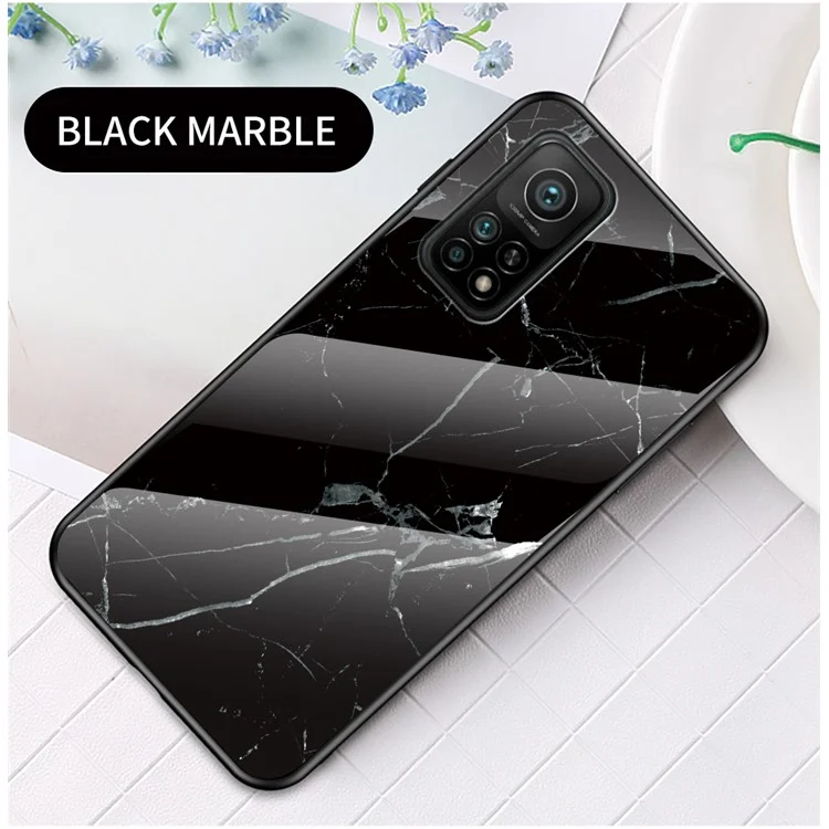 Guscio per telefono in vetro temperato con motivo a marmorizzazione + PC con bordo in TPU per Xiaomi Mi 10T Pro 5G / Mi 10T 5G - Nero