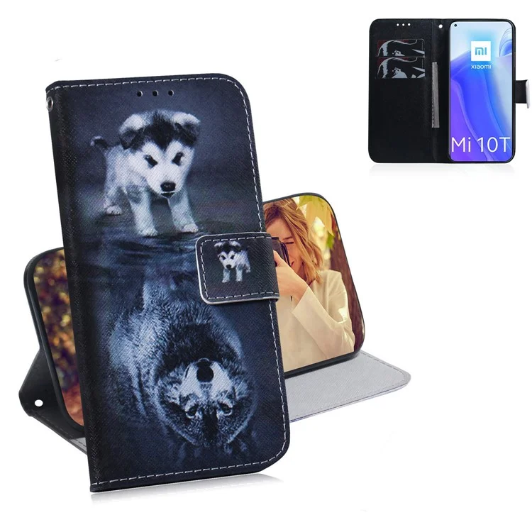 Gemustertes PU Leder -brieftaschenstand Hülle Für Xiaomi Mi 10T 5G/10T Pro 5G/Redmi K30S Protektorabdeckung - Hund Und Wolf