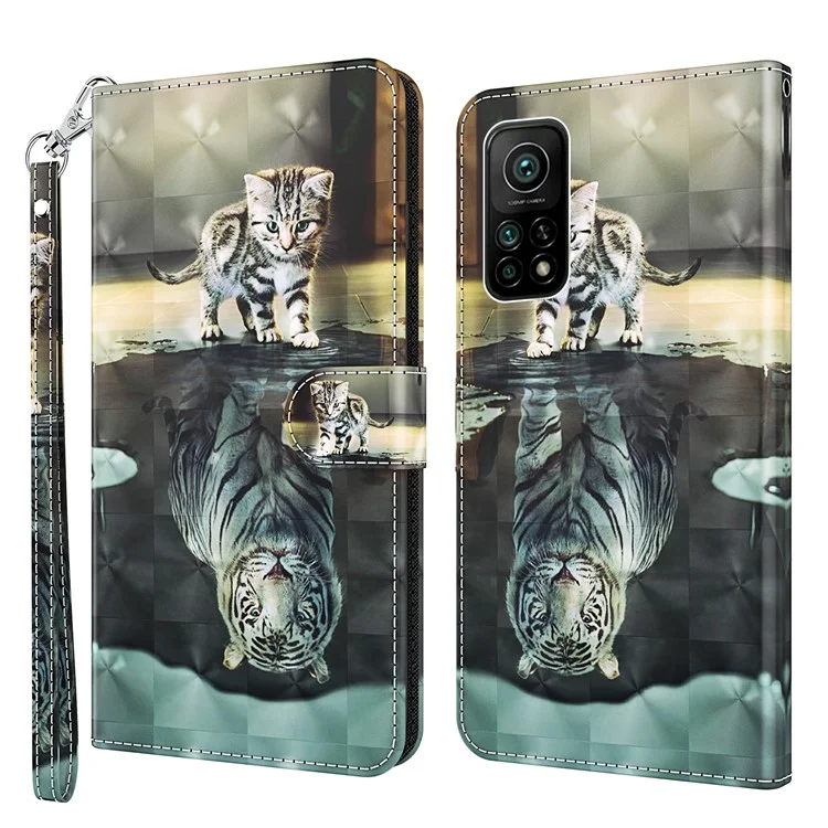 Carteira Stand Case para Xiaomi Mi 10T 5G/10T Pro 5G/Redmi K30S Impressão de Padrão Capa de Couro com Cordão - Gato e Tigre