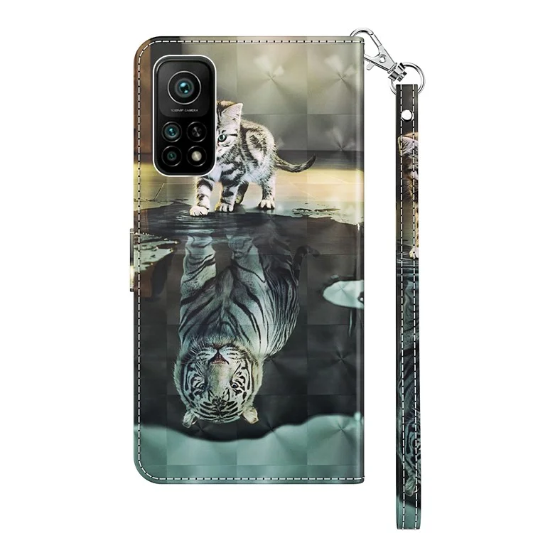 Carteira Stand Case para Xiaomi Mi 10T 5G/10T Pro 5G/Redmi K30S Impressão de Padrão Capa de Couro com Cordão - Gato e Tigre