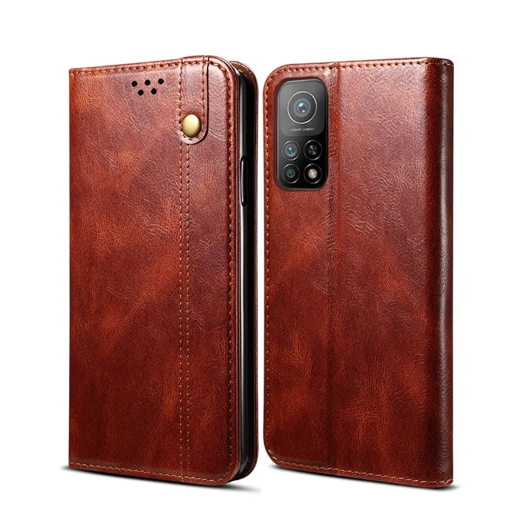 Textura de Cavalo Louco de Cera TPU + PU Couro Para Xiaomi Mi 10t Pro 5G/Redmi K30s / Mi 10t 5g - Castanho