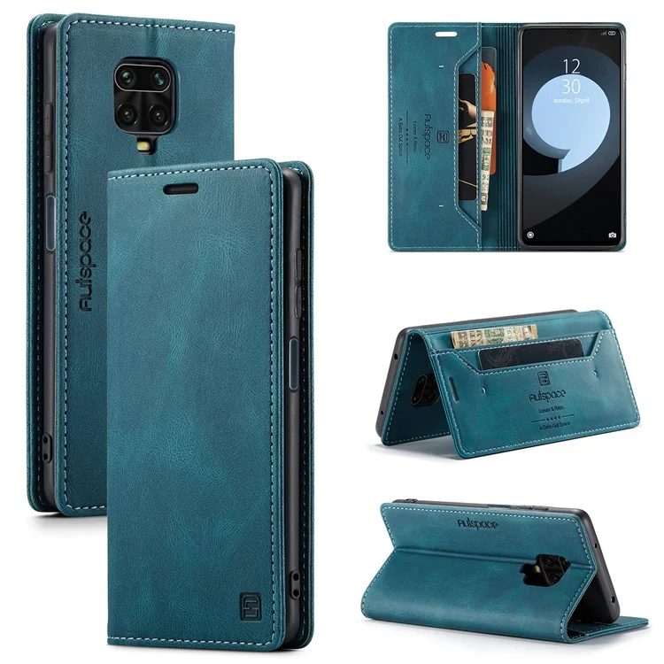 AUTSPACE A01 Series RFID Blocking Retro Matte Leather Wallet Case for Xiaomi Redmi Note 9S - Blue
