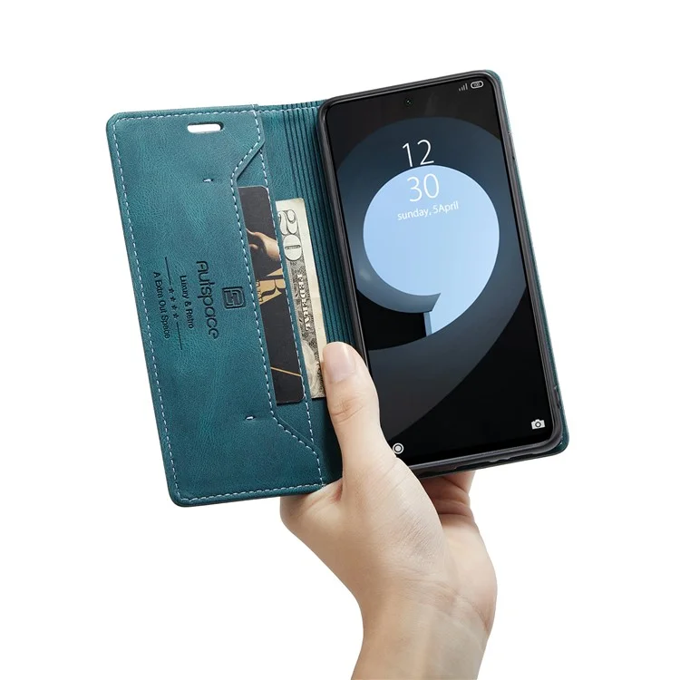 AUTSPACE A01 Series RFID Blocking Retro Matte Leather Wallet Case for Xiaomi Redmi Note 9S - Blue