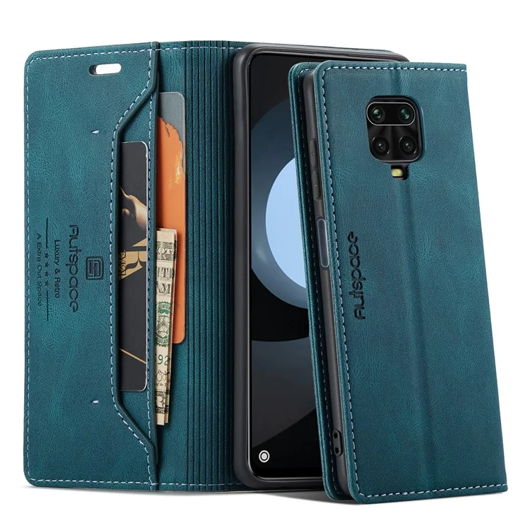 AUTSPACE A01 Series RFID Blocking Retro Matte Leather Wallet Case for Xiaomi Redmi Note 9S - Blue