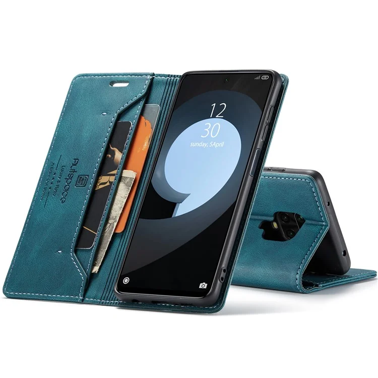 AUTSPACE A01 Series RFID Blocking Retro Matte Leather Wallet Case for Xiaomi Redmi Note 9S - Blue