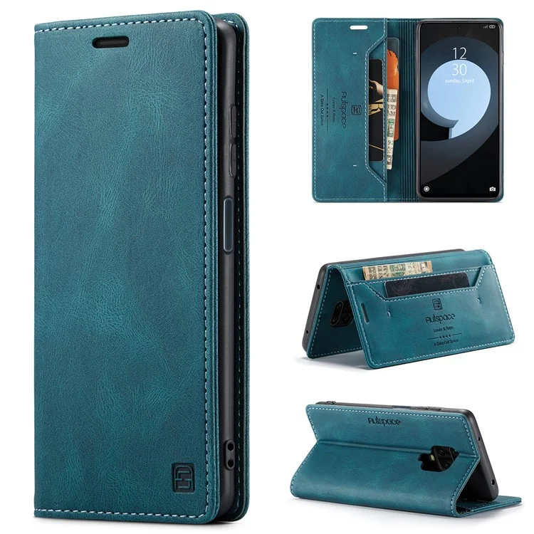 AUTSPACE A01 Series RFID Blocking Retro Matte Leather Wallet Case for Xiaomi Redmi Note 9S - Blue