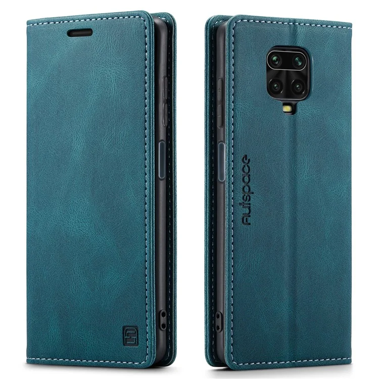 AUTSPACE A01 Series RFID Blocking Retro Matte Leather Wallet Case for Xiaomi Redmi Note 9S - Blue