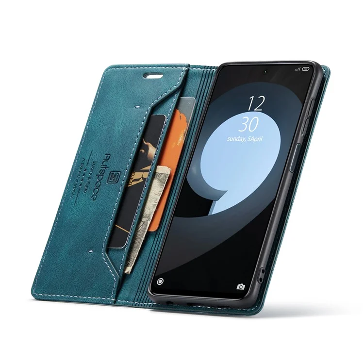 AUTSPACE A01 Series RFID Blocking Retro Matte Leather Wallet Case for Xiaomi Redmi Note 9S - Blue