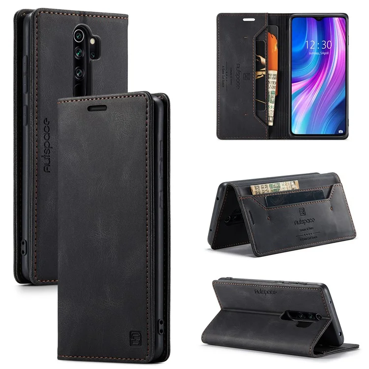 AUTSPACE A01 Series RFID Blocking Retro Matte Leather Case Wallet for Xiaomi Redmi Note 8 Pro - Black