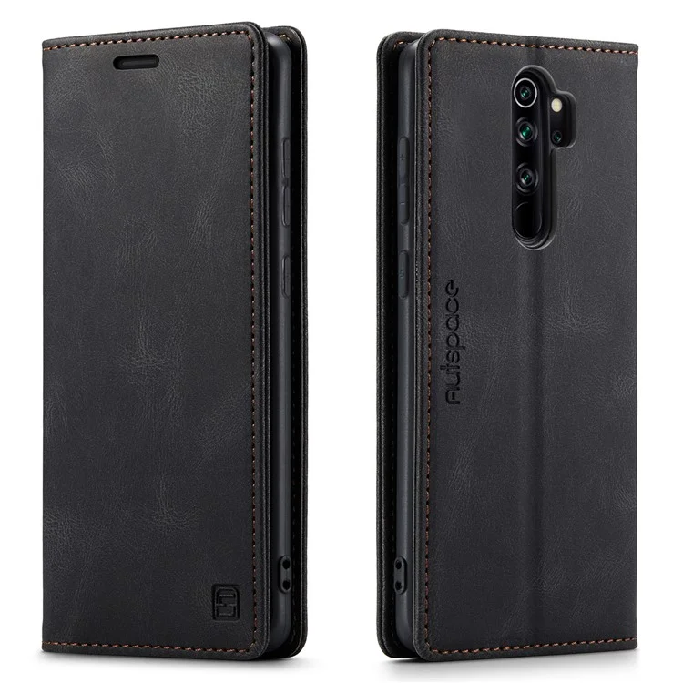 AUTSPACE A01 Series RFID Blocking Retro Matte Leather Case Wallet for Xiaomi Redmi Note 8 Pro - Black