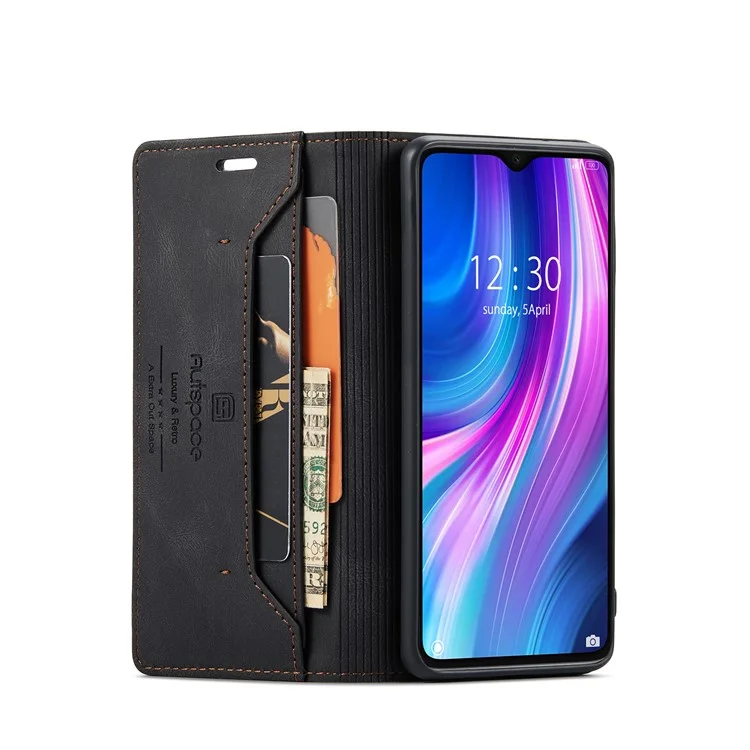 AUTSPACE A01 Series RFID Blocking Retro Matte Leather Case Wallet for Xiaomi Redmi Note 8 Pro - Black