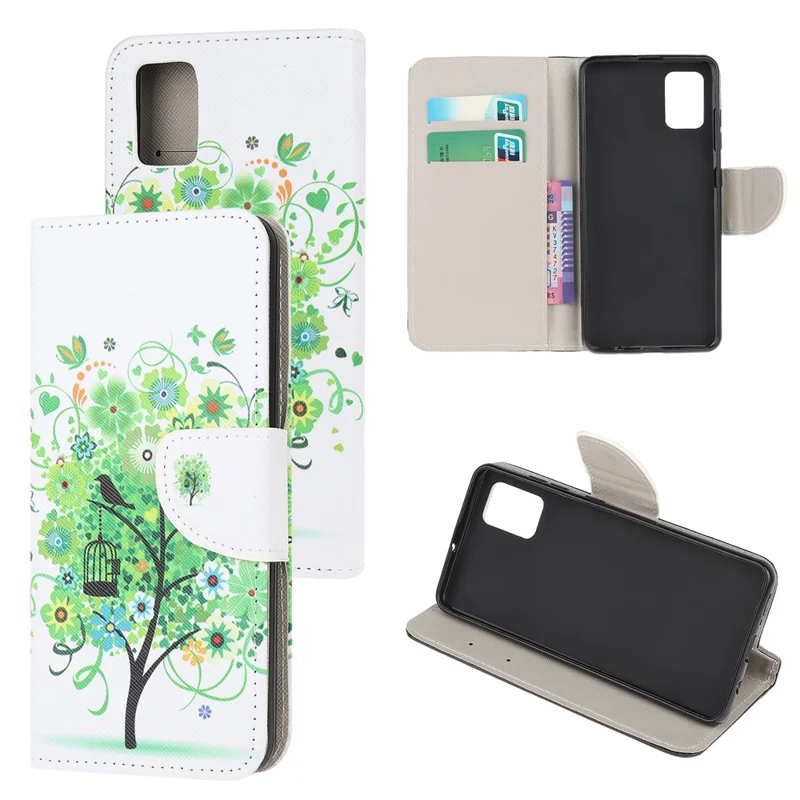 Pattern Printing Cross Texture Leather for Xiaomi Poco M3 Wallet Stand Case - Green Tree