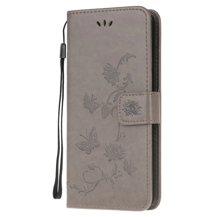 Imprint Butterfly Flowers Design Leather Wallet Phone Cover for Xiaomi Poco M3 - Grey