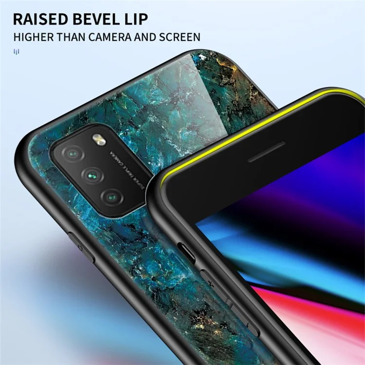 Motif de marbre pour Xiaomi Poco M3/Redmi Note 9 4G (Qualcomm Snapdragon 662)/9 Power/Redmi 9T Coque en verre trempé PC TPU - Émeraude