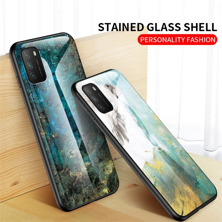 Motif de marbre pour Xiaomi Poco M3/Redmi Note 9 4G (Qualcomm Snapdragon 662)/9 Power/Redmi 9T Coque en verre trempé PC TPU - Émeraude