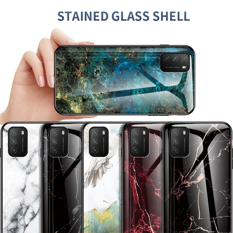 Motif de marbre pour Xiaomi Poco M3/Redmi Note 9 4G (Qualcomm Snapdragon 662)/9 Power/Redmi 9T Coque en verre trempé PC TPU - Émeraude