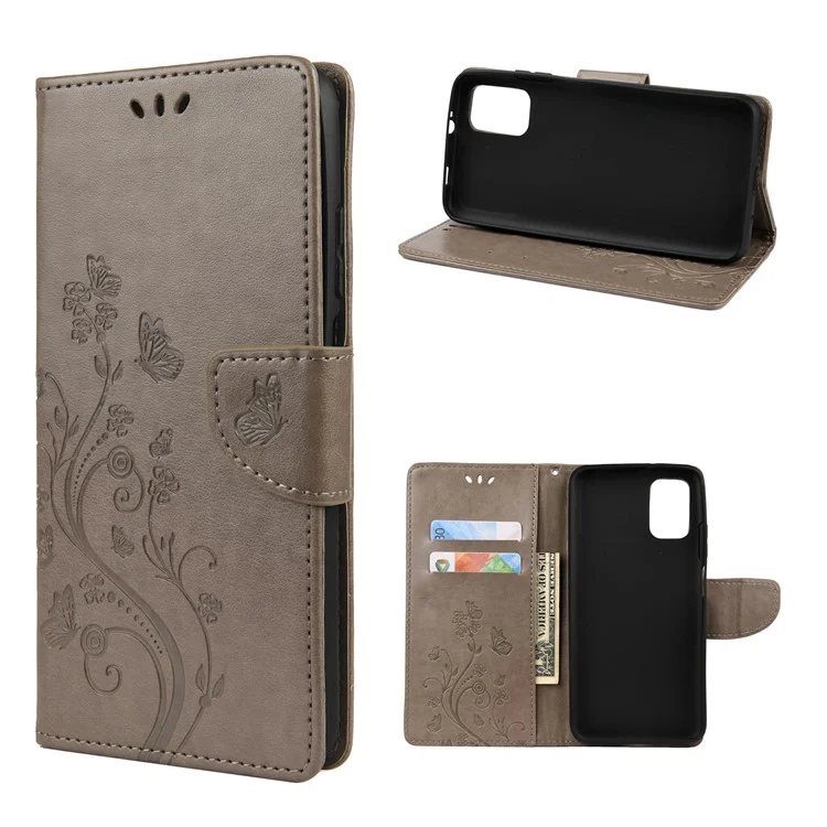 Imprint Butterfly Pattern Leather Wallet Phone Shell for Xiaomi Poco M3 - Grey