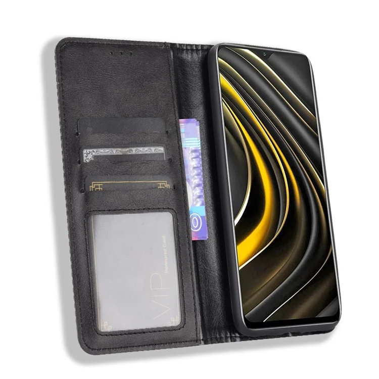 Magnetischer Vintage -stil -wallet -stand Phone Hülle Für Xiaomi Poco M3 - Schwarz