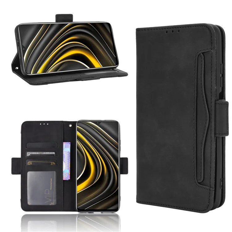 Für Xiaomi POCO M3 Multiple Card Slots Schutzhülle Aus Ledertasche - Schwarz