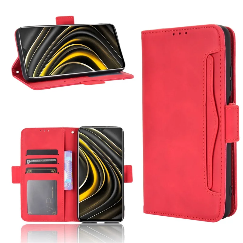 For Xiaomi Poco M3 Multiple Card Slots Protective Cover Stand Leather Case - Red
