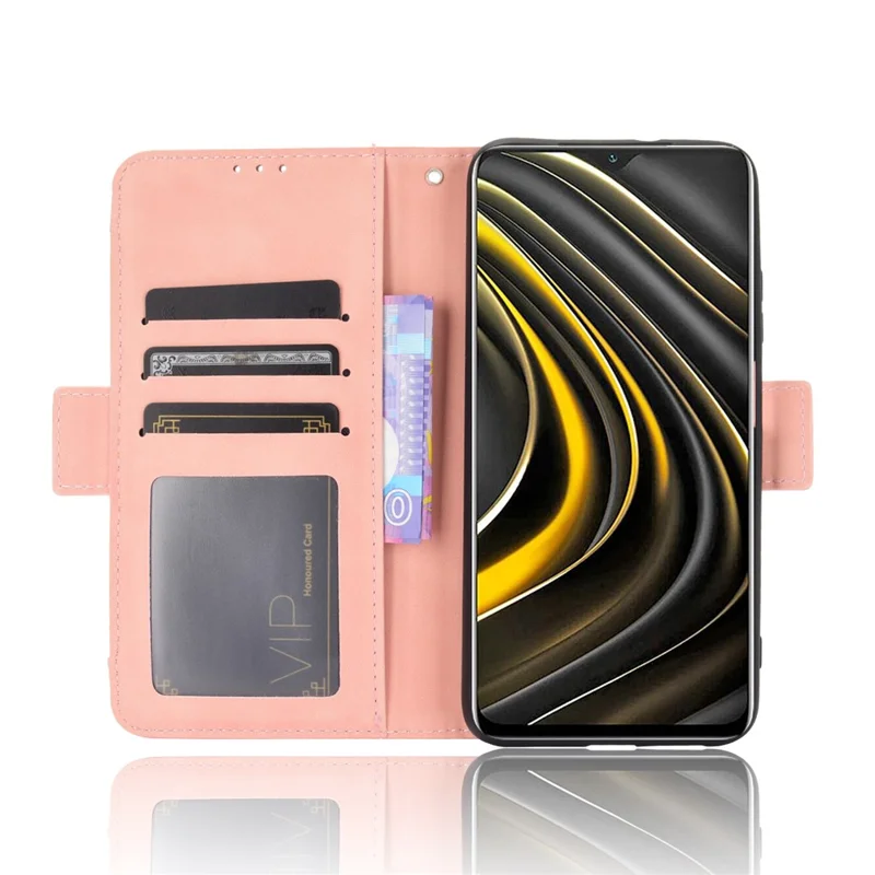 غطاء واقي لـ Xiaomi Poco M3 مع فتحات متعددة للبطاقات، غطاء جلد مع حامل - وردي