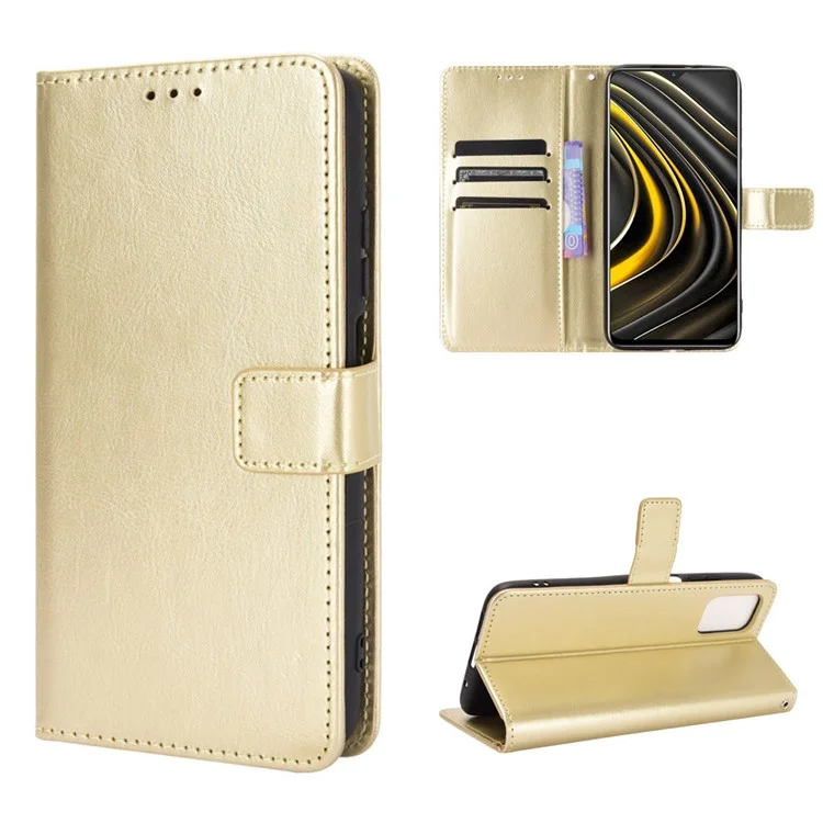 Crazy Horse Wallet Stand Lederschale Mit Riemen Für Xiaomi Poco M3 - Gold