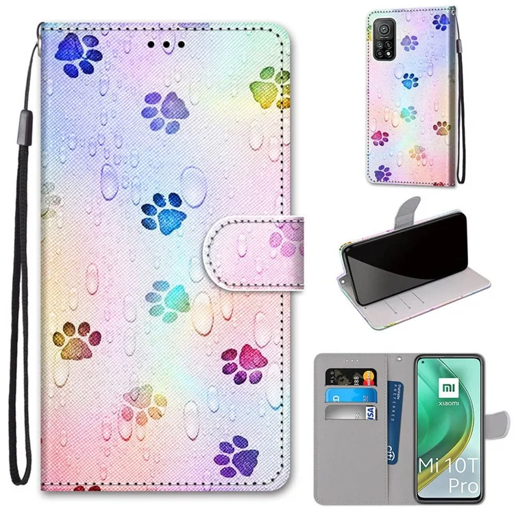 Anti-Drop-Wallet-Stand-Fall Mit Musterdruck Für Xiaomi MI 10T 5G / 10T PRO 5G / Redmi K30s / Redmi K30s - Katzenfußabdruck.