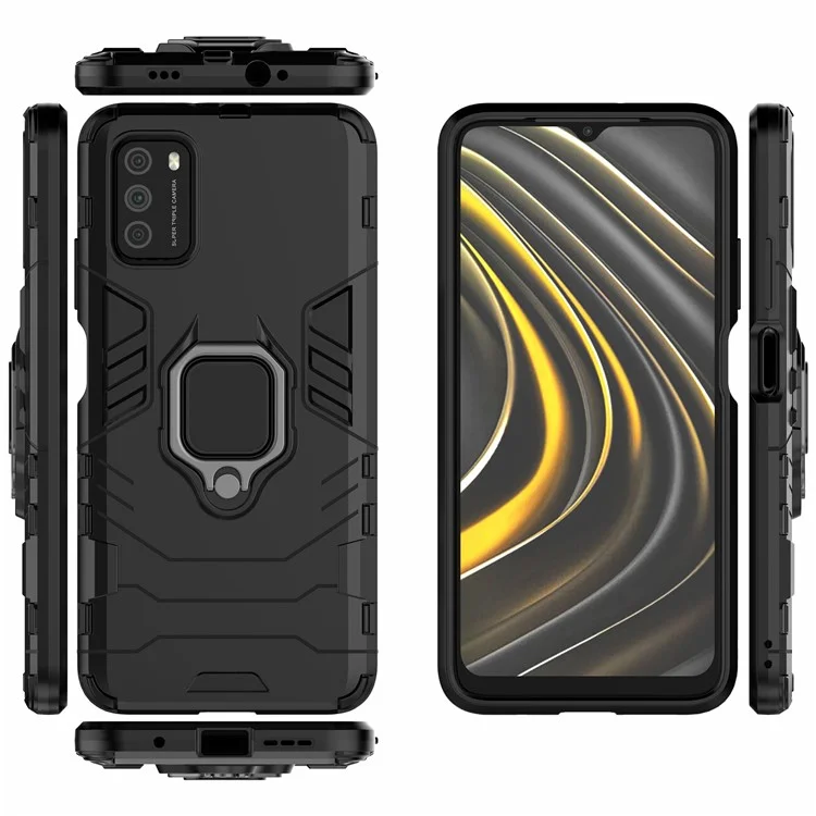 Für Xiaomi Poco M3 Cool Guard PC + TPU Hybrid Mobile Case Mit Faltbarem Ständer - Schwarz