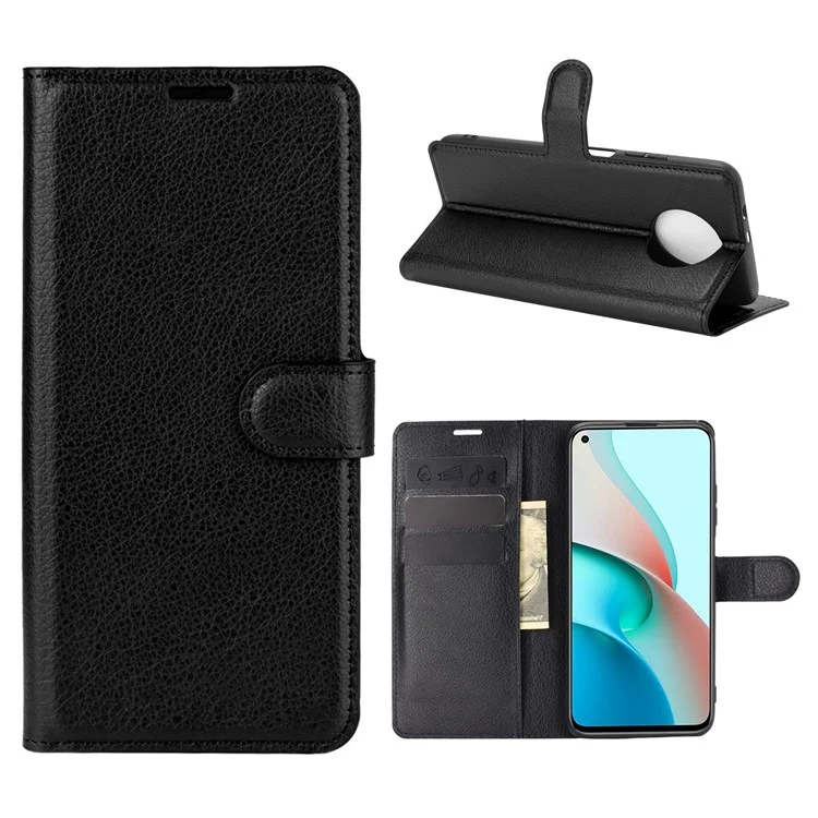 Litchi Texture Wallet Design Leather Phone Protective Stand Cover for Xiaomi Redmi Note 9T 5G / Note 9 5G - Black