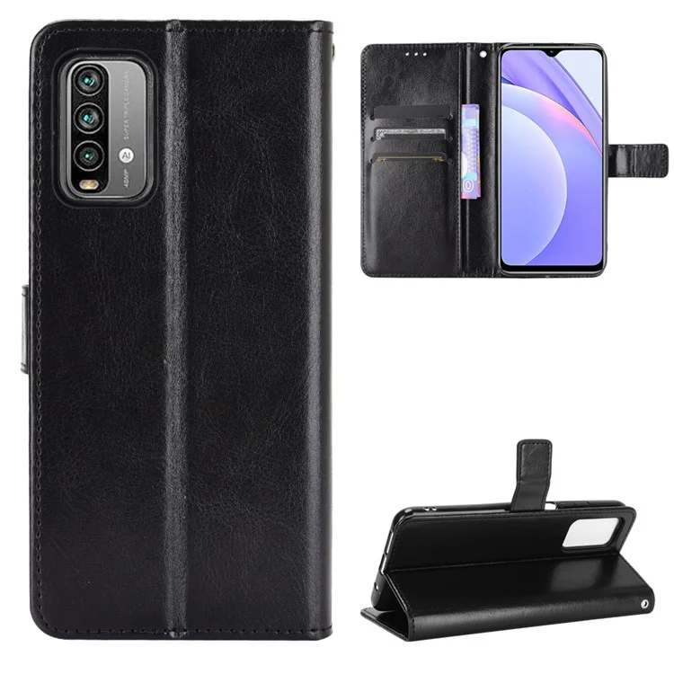 Wallet Crazy Horse Texture Stand Leather Shell with Strap for Xiaomi Redmi Note 9 4G/9 Power/Redmi 9T - Black