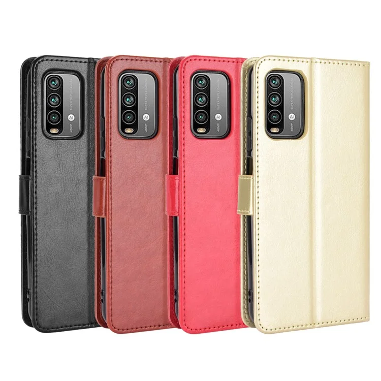 Wallet Crazy Horse Texture Stand Leather Shell with Strap for Xiaomi Redmi Note 9 4G/9 Power/Redmi 9T - Black