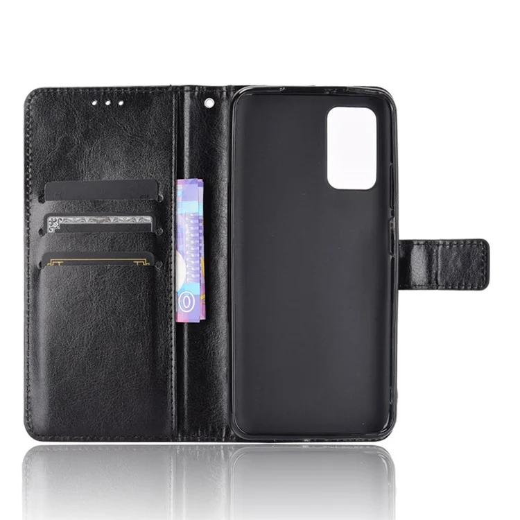 Wallet Crazy Horse Texture Stand Leather Shell with Strap for Xiaomi Redmi Note 9 4G/9 Power/Redmi 9T - Black