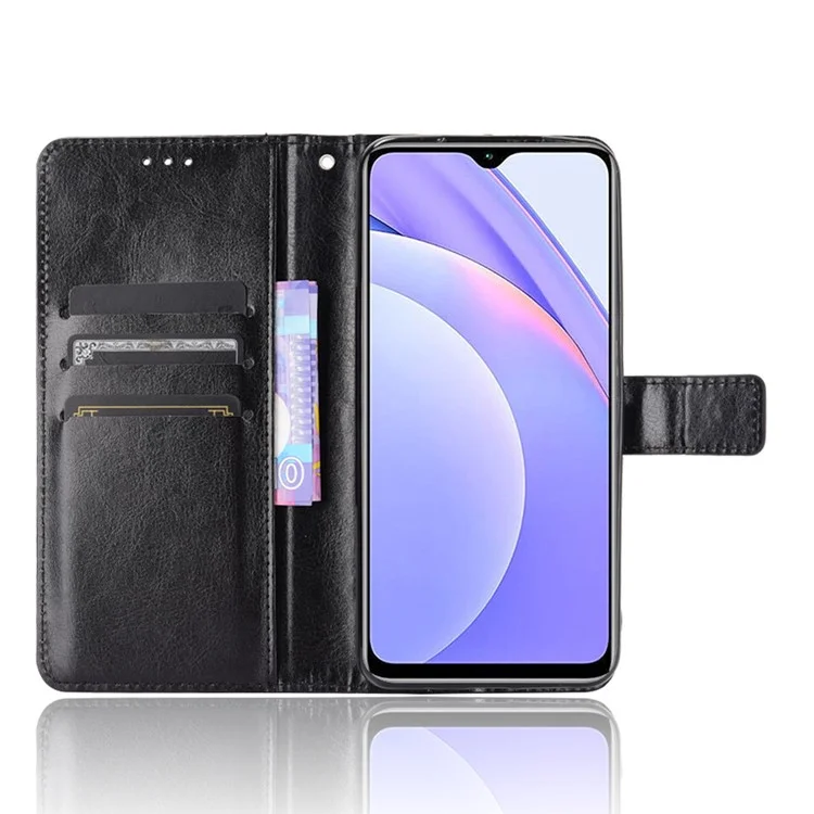 Wallet Crazy Horse Texture Stand Leather Shell with Strap for Xiaomi Redmi Note 9 4G/9 Power/Redmi 9T - Black