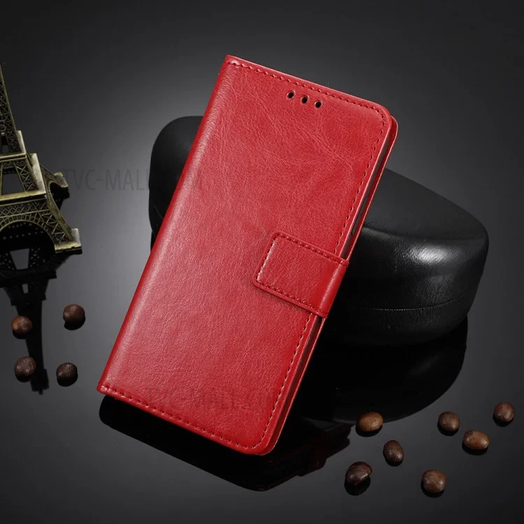 Shell De Couro Louco Da Carteira Da Textura Do Cavalo Para Xiaomi Redmi NOTA 9 5G / NOTA 9T 5G - Vermelho