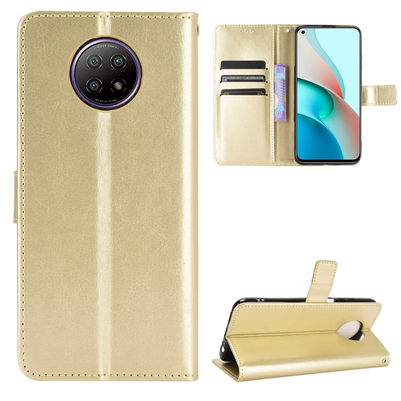Portefeuillehoes met crazy horse structuur en standaard van leer voor Xiaomi Redmi Note 9 5G/Note 9T 5G - Goud