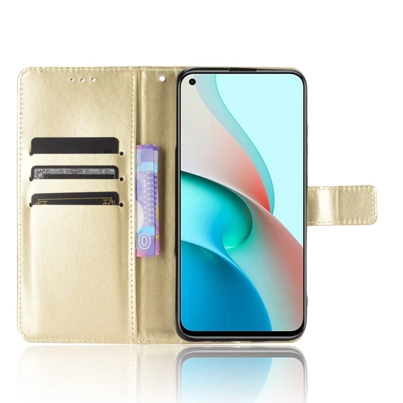 Portefeuillehoes met crazy horse structuur en standaard van leer voor Xiaomi Redmi Note 9 5G/Note 9T 5G - Goud