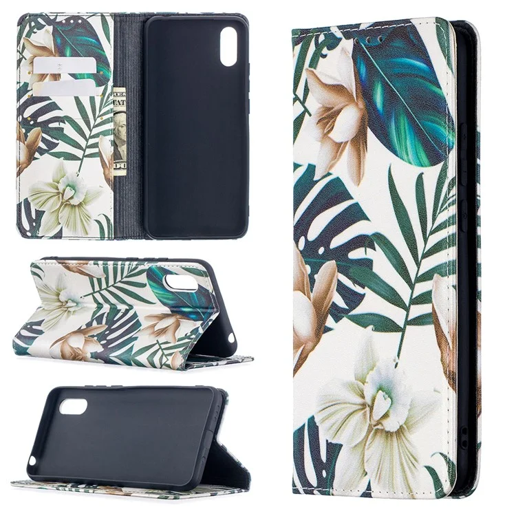 Auto-absorbiertes Pu-leder-standhülle Mit Musterdruck Für Xiaomi Redmi 9A - Grüne Blätter