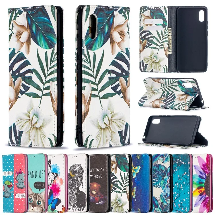 Auto-absorbiertes Pu-leder-standhülle Mit Musterdruck Für Xiaomi Redmi 9A - Grüne Blätter