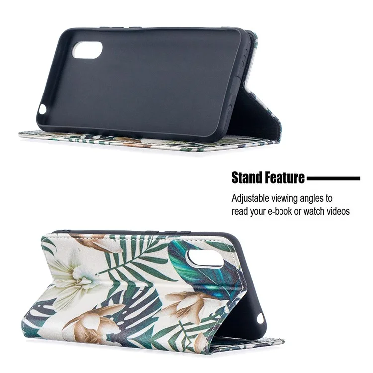 Auto-absorbiertes Pu-leder-standhülle Mit Musterdruck Für Xiaomi Redmi 9A - Grüne Blätter